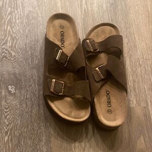 Amazon Brown Suede Double-Buckle Slide Sandals